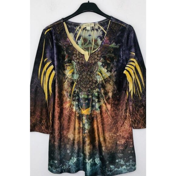 One World Womens L Tunic Boho Velvet Studded Art Fairy DRAGON WINGS Grunge Goth - Picture 1 of 6